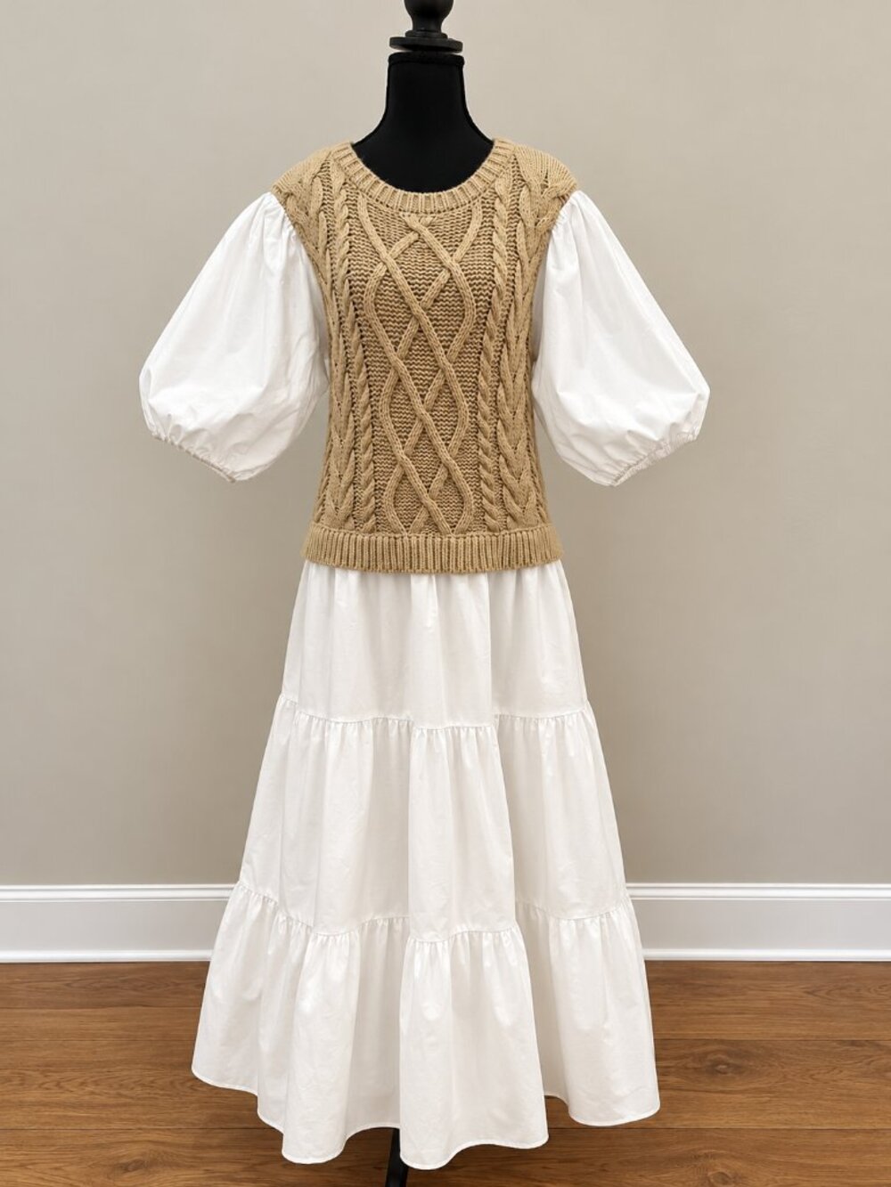 English Factory Cable Knit Puff Sleeve Tiered Maxi Dress Camel White L